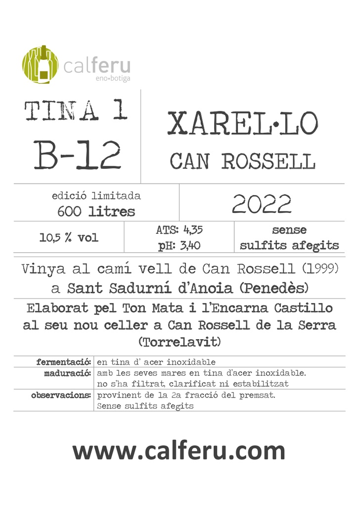 .B012 VINO BLANCO XAREL·LO CAN ROSSELL A GRANEL 2022