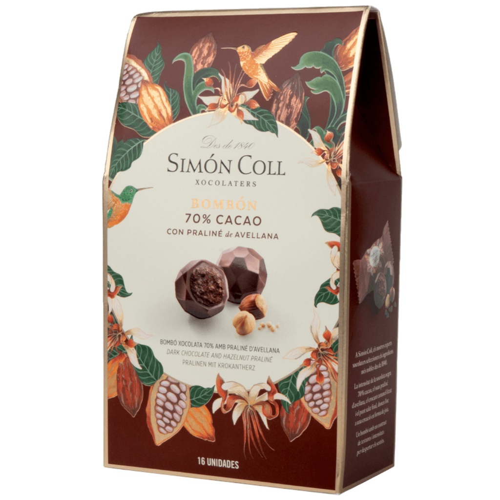 BOMBÓN 70% CACAO PRALINÉ DE AVELLANA (16 UNIDADES)
